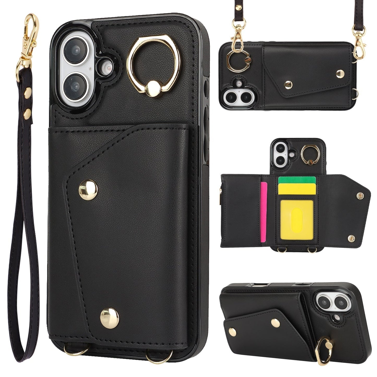 New Crossbody Zipper Wallet with Long and Short Lanyard Leather Phone Case for iPhone