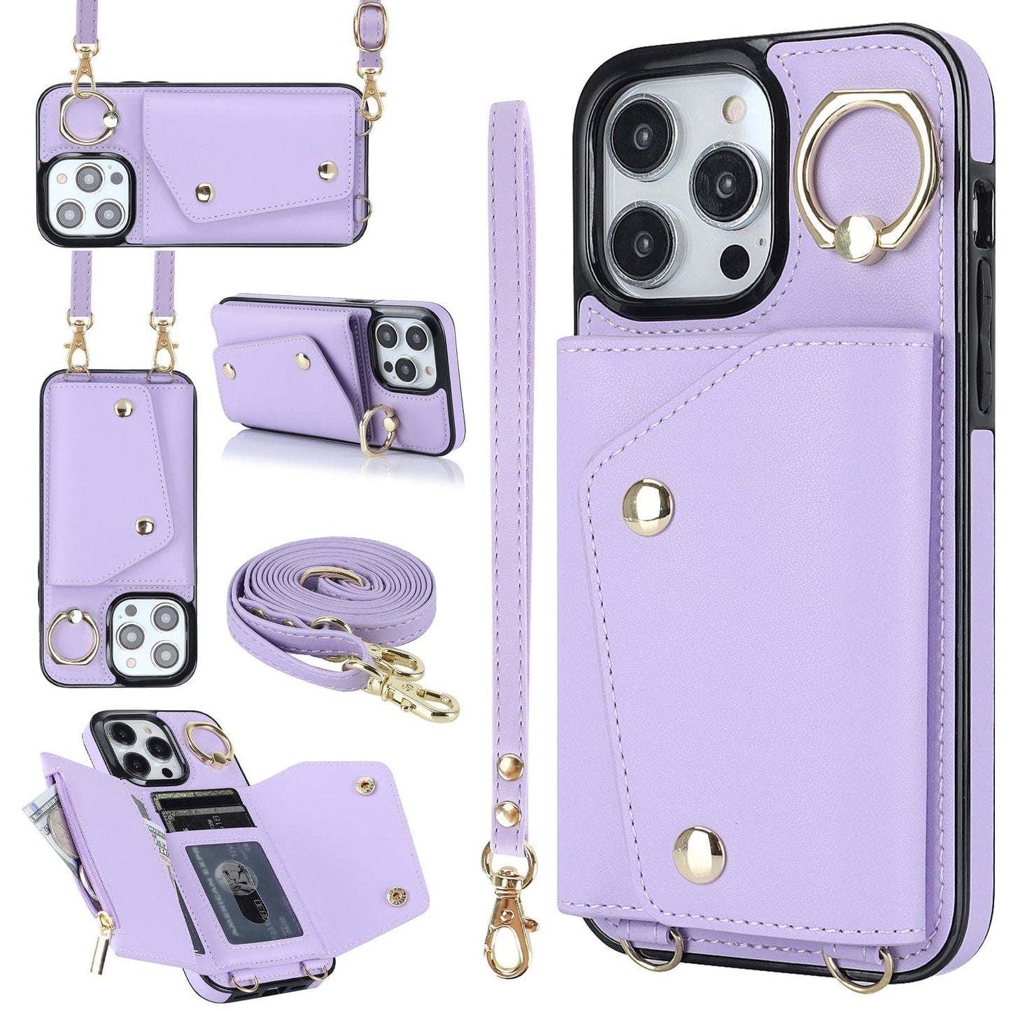 New Crossbody Zipper Wallet with Long and Short Lanyard Leather Phone Case for iPhone