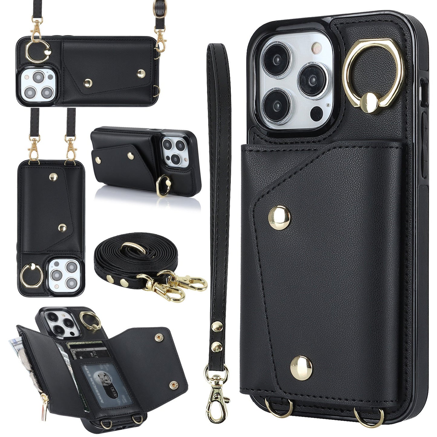 New Crossbody Zipper Wallet with Long and Short Lanyard Leather Phone Case for iPhone