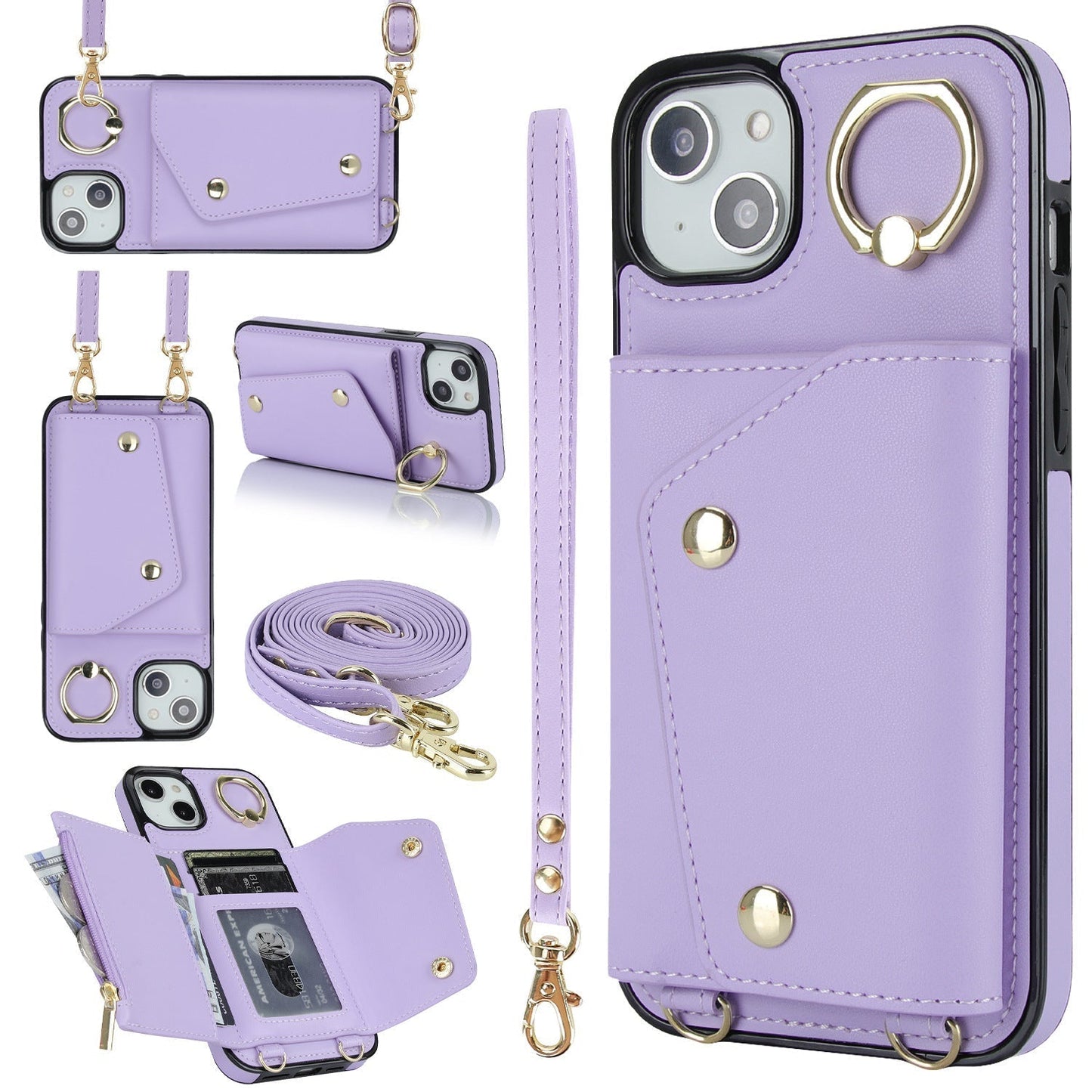 New Crossbody Zipper Wallet with Long and Short Lanyard Leather Phone Case for iPhone