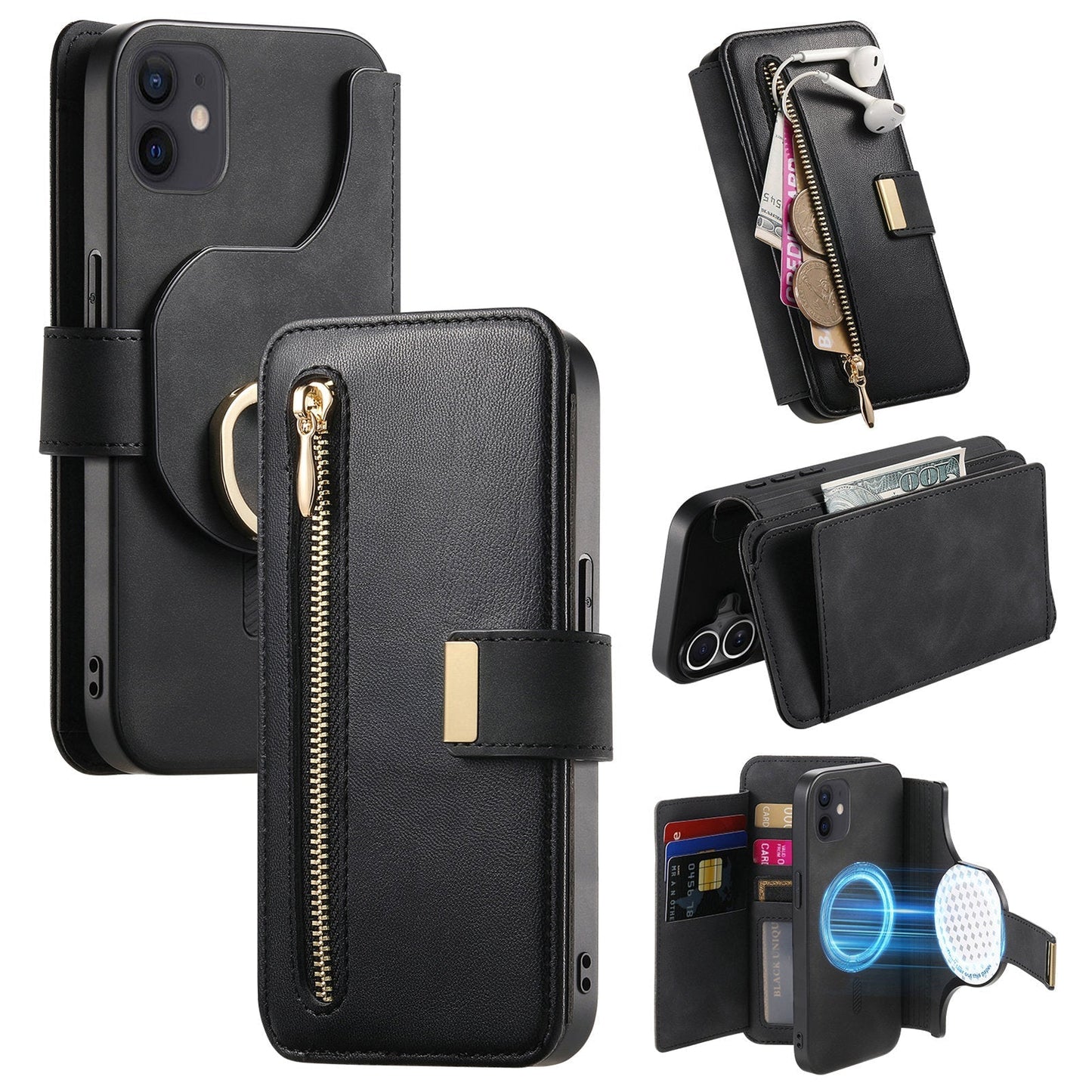 New RFID Blocking Zipper Wallet Magnetic Leather Phone Case for iPhone
