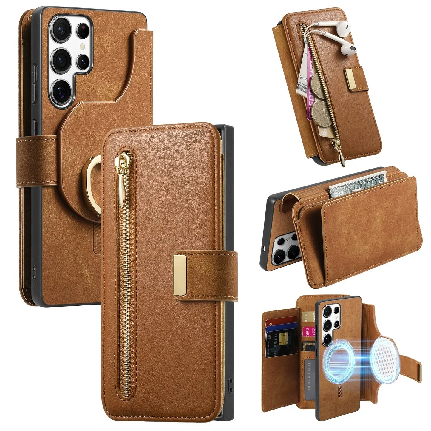 New RFID Blocking Zipper Wallet Magnetic Leather Phone Case for Samsung