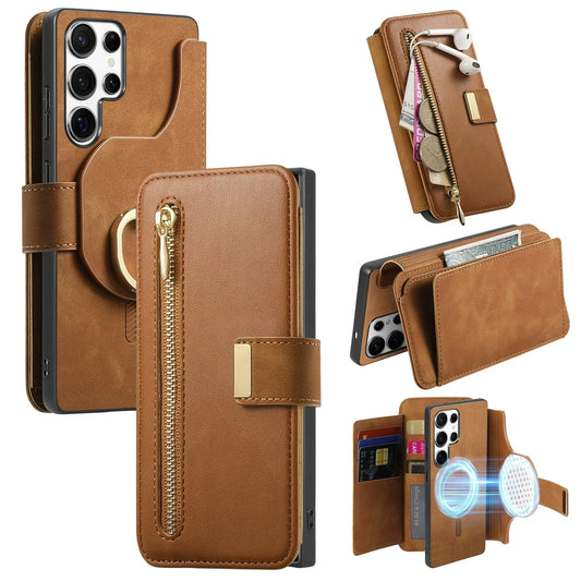 New RFID Blocking Zipper Wallet Magnetic Leather Phone Case for Samsung