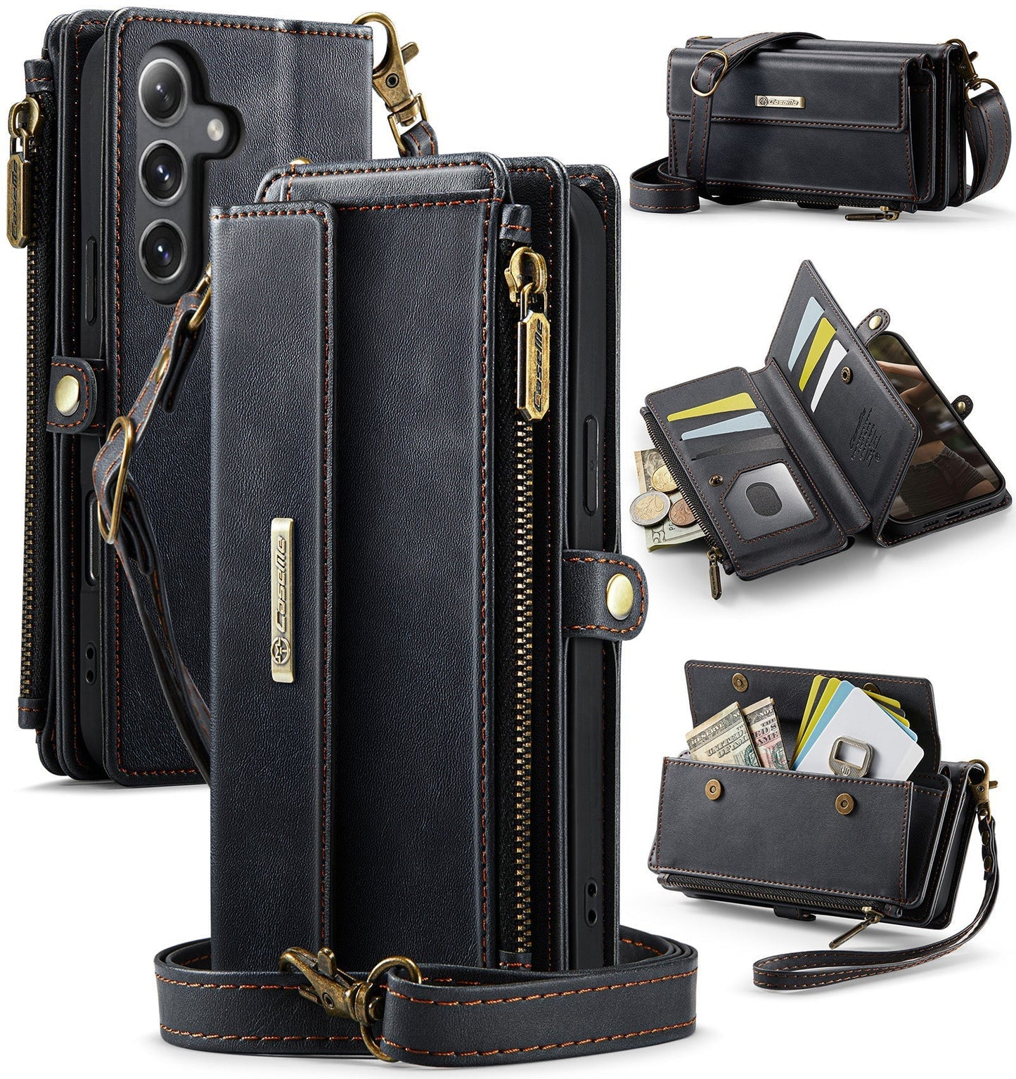New RFID Blocking Zipper Wallet Supports Wireless Charging with Long and Short Lanyard Leather Phone Case for Samsung