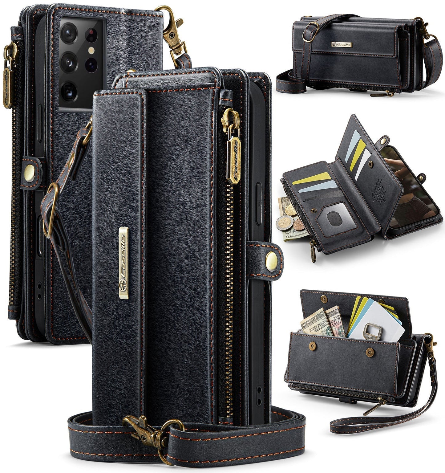 New RFID Blocking Zipper Wallet Supports Wireless Charging with Long and Short Lanyard Leather Phone Case for Samsung
