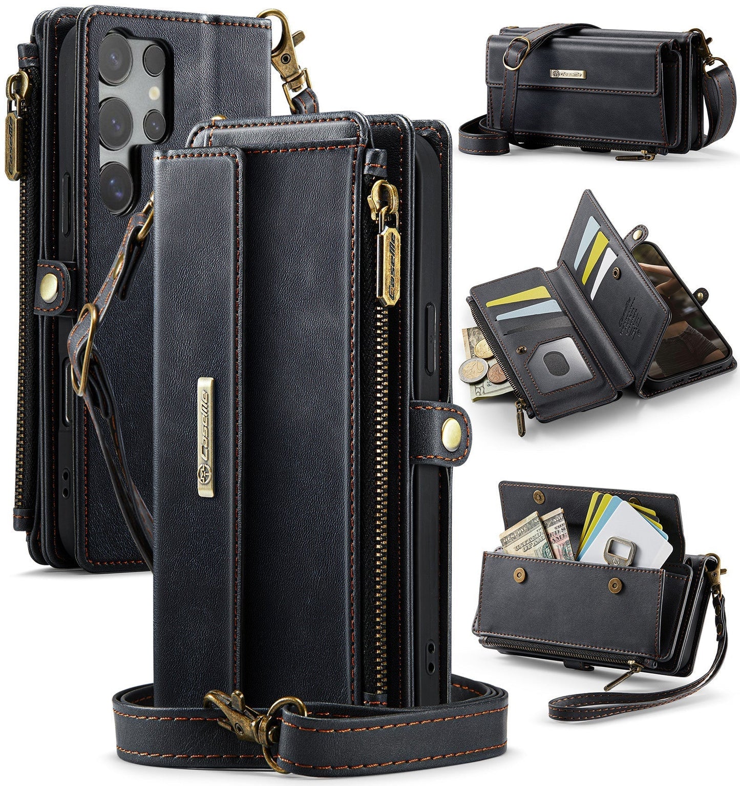 New RFID Blocking Zipper Wallet Supports Wireless Charging with Long and Short Lanyard Leather Phone Case for Samsung
