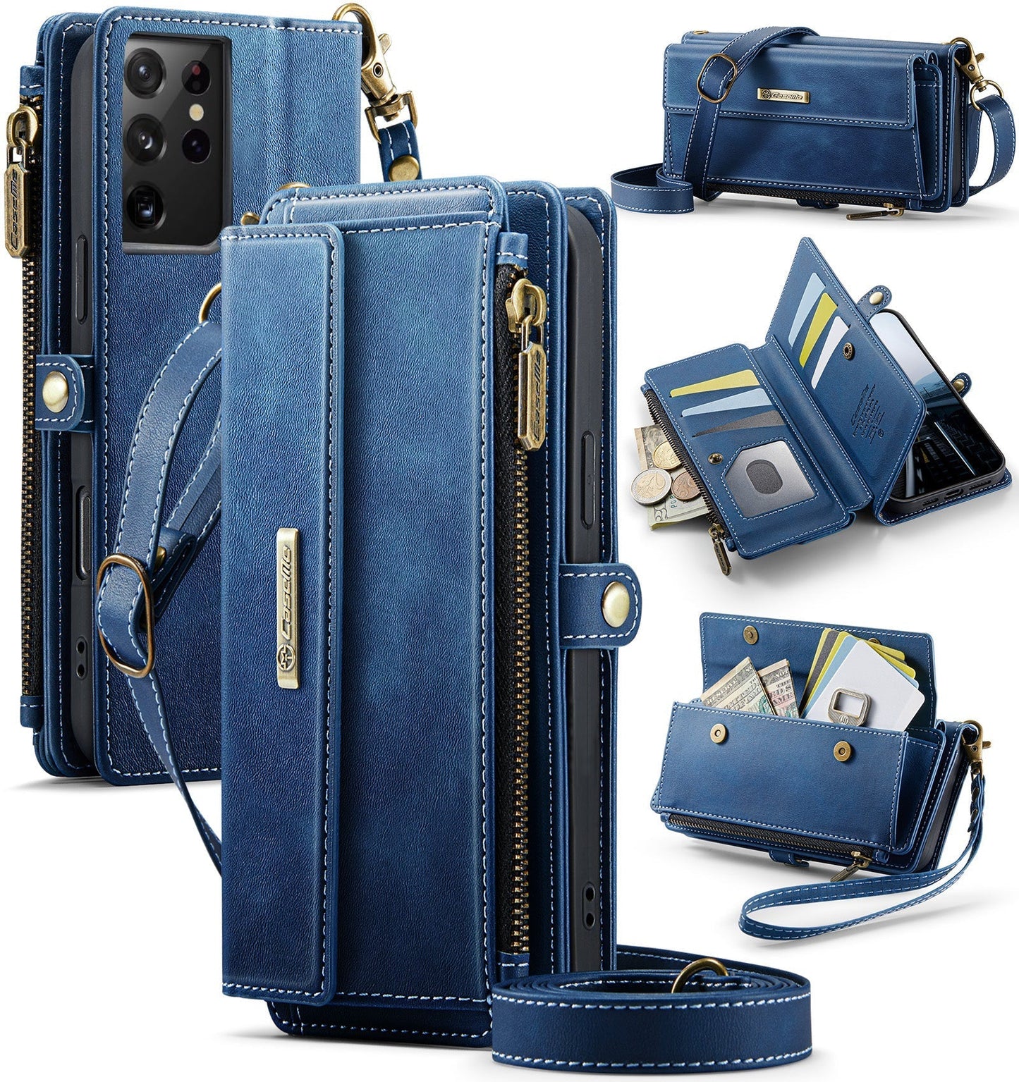 New RFID Blocking Zipper Wallet Supports Wireless Charging with Long and Short Lanyard Leather Phone Case for Samsung