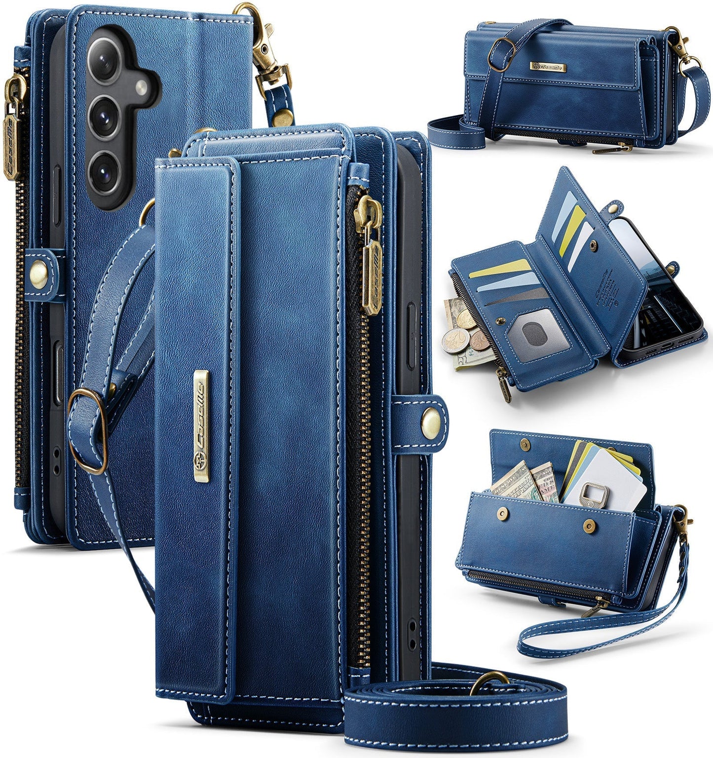 New RFID Blocking Zipper Wallet Supports Wireless Charging with Long and Short Lanyard Leather Phone Case for Samsung