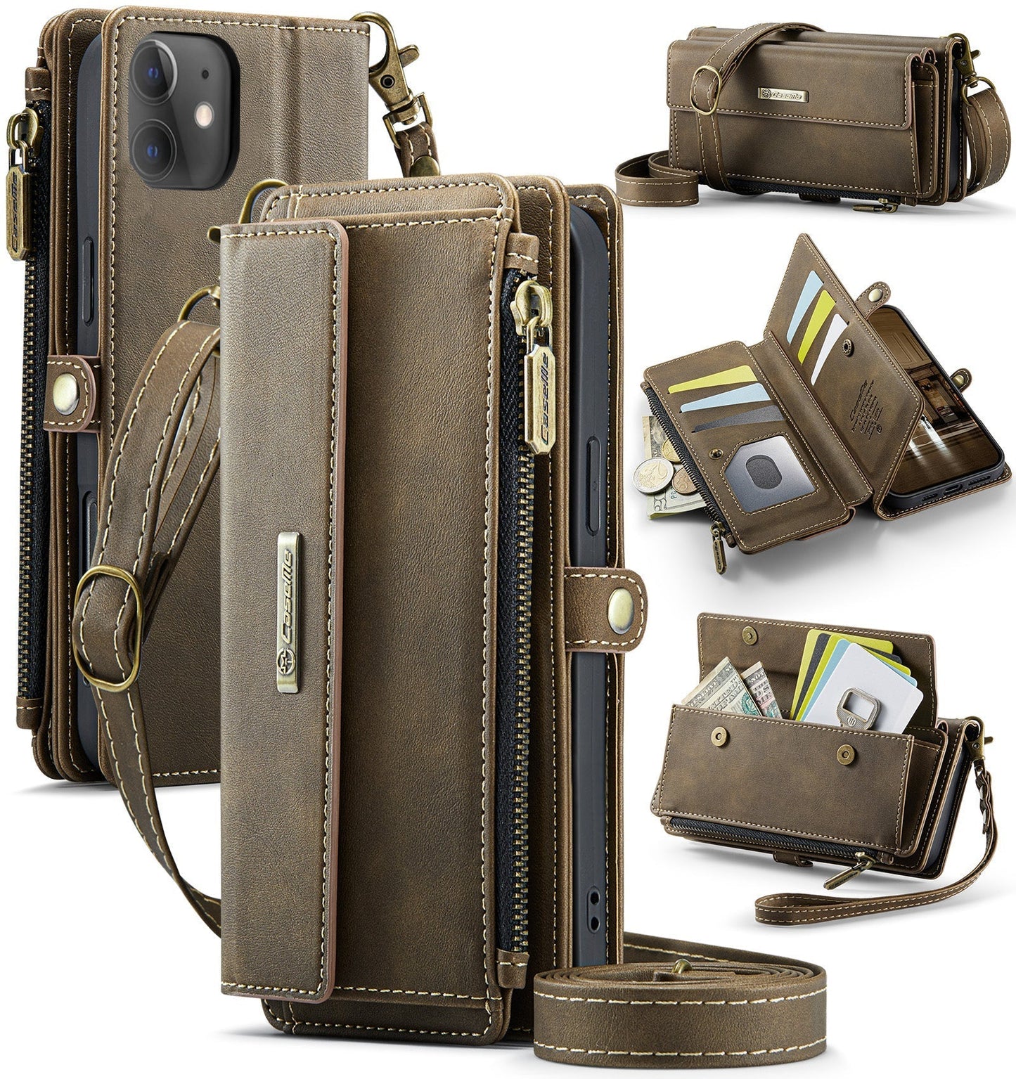 New RFID Blocking Zipper Wallet Supports Wireless Charging with Long and Short Lanyard Leather Phone Case for iPhone