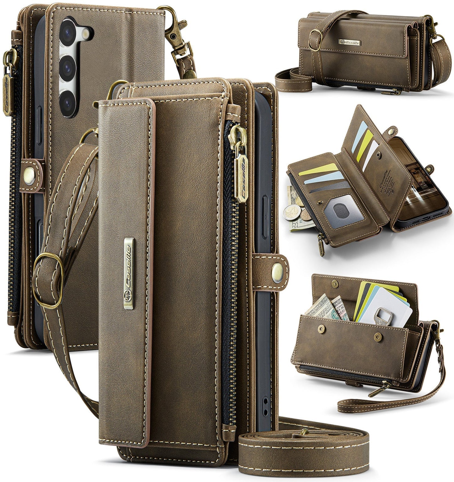 New RFID Blocking Zipper Wallet Supports Wireless Charging with Long and Short Lanyard Leather Phone Case for Samsung