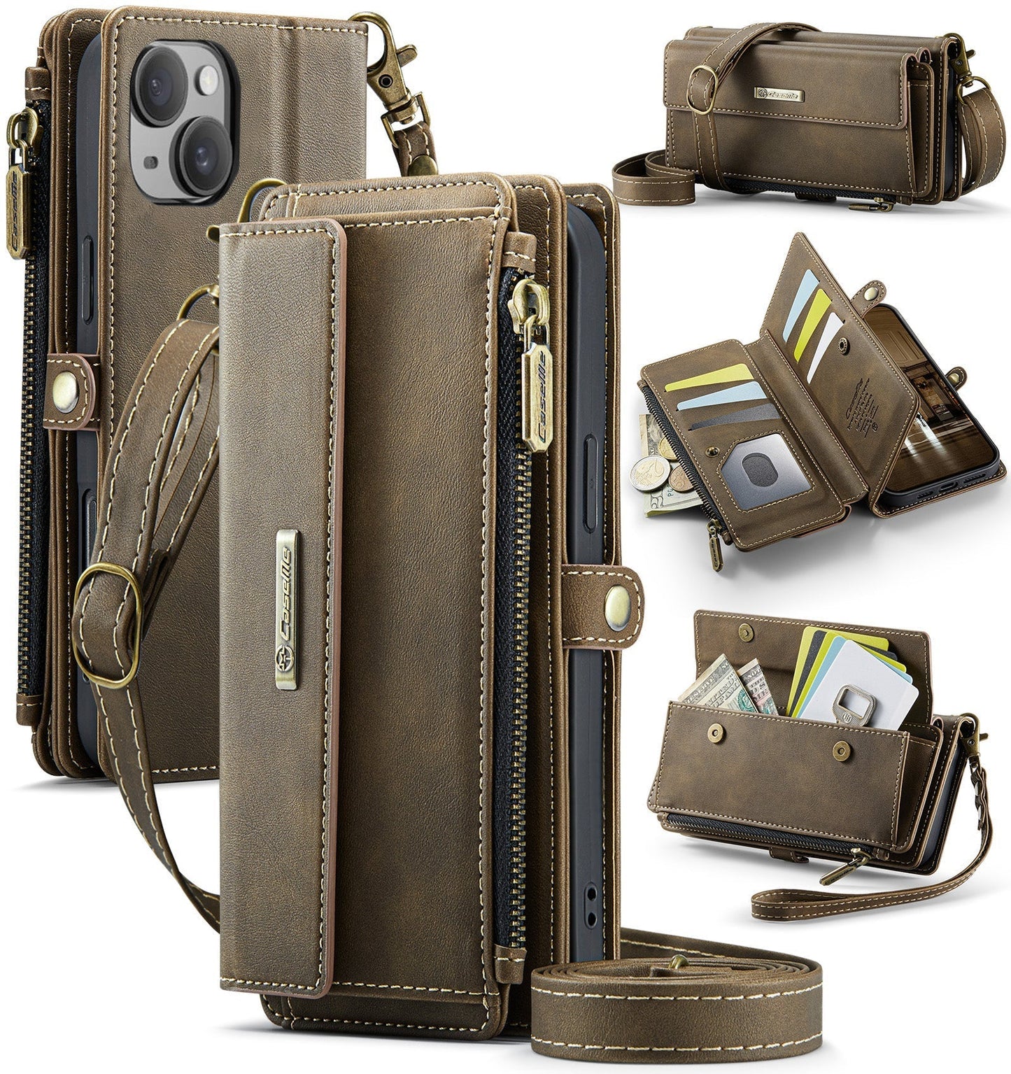 New RFID Blocking Zipper Wallet Supports Wireless Charging with Long and Short Lanyard Leather Phone Case for iPhone