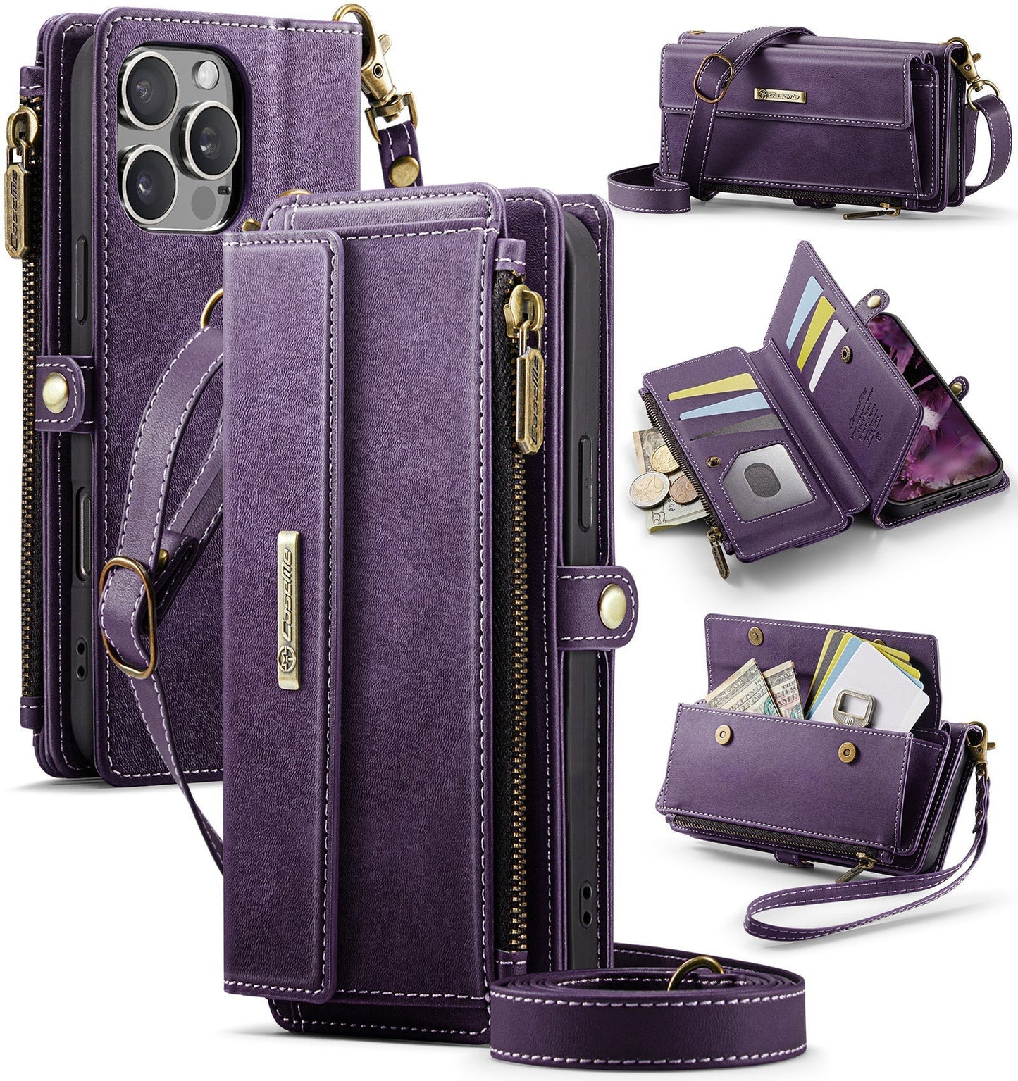 New RFID Blocking Zipper Wallet Supports Wireless Charging with Long and Short Lanyard Leather Phone Case for iPhone