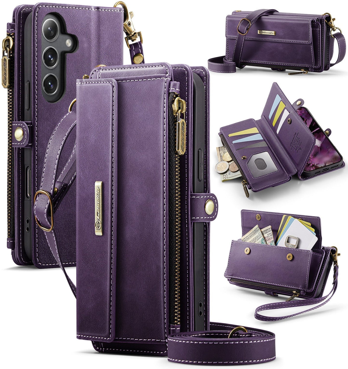 New RFID Blocking Zipper Wallet Supports Wireless Charging with Long and Short Lanyard Leather Phone Case for Samsung